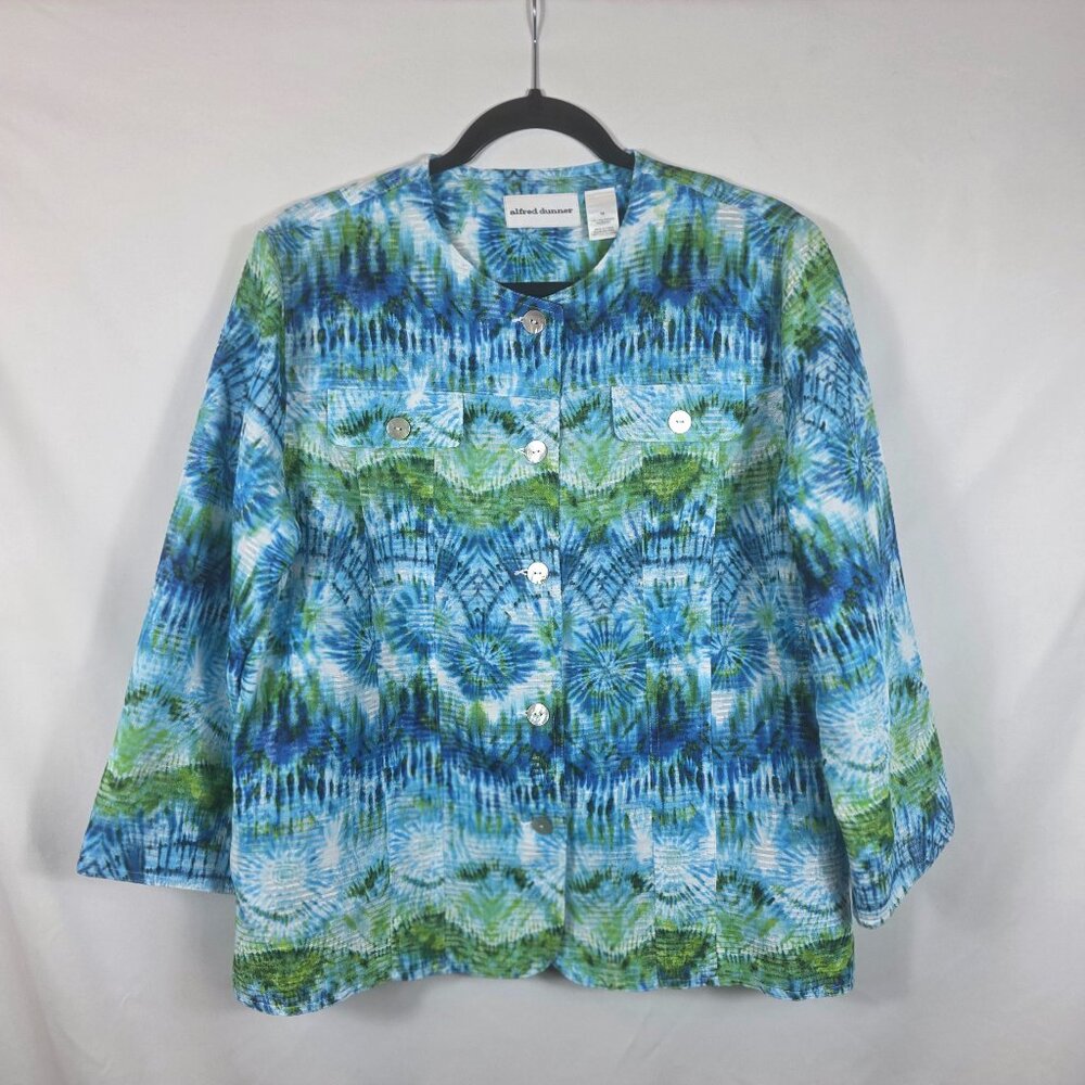 Alfred Dunner Women's Jacket Blazer Size 14 Blue Green White Tie Dye Print